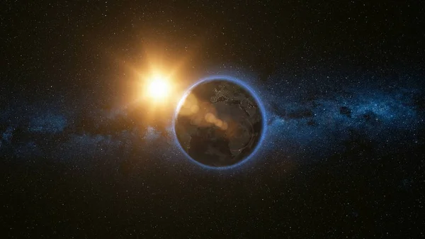 Utrymme syn på planetjorden och solen i universum — Stockfoto