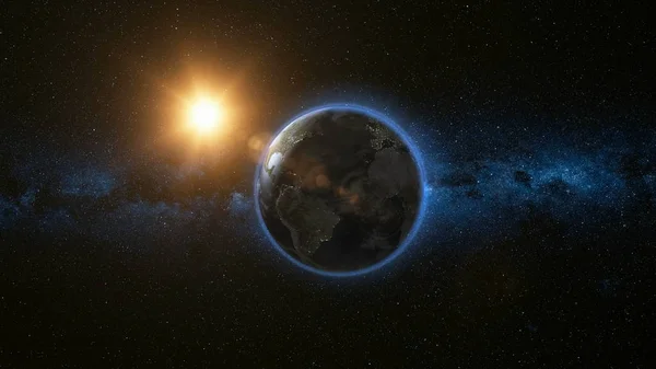 Weergave van de ruimte op de planeet aarde en zon in universum — Stockfoto