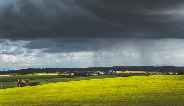 Grey rainy sky above the green meadow. Ireland. — Stock Photo, Image