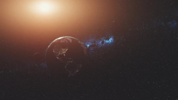 Planet earth rotate moon orbit soft sun beam glow — Stock Video