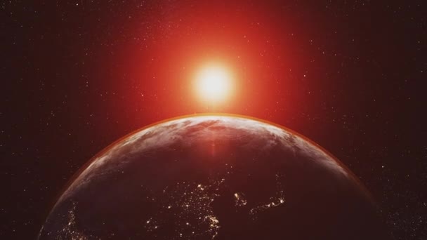 Orbite de la planète Terre zoom dans le rayonnement rouge de la lumière du soleil — Video