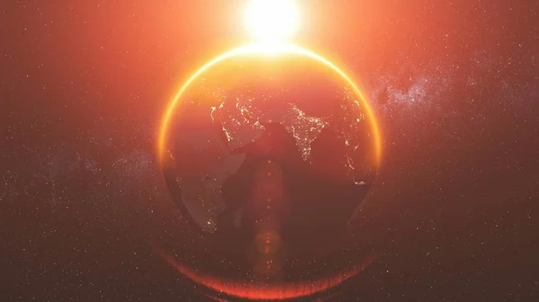 Rotation der Erdorbit-Umlaufbahn umgekehrt heller roter Sonnenstrahl — Stockfoto