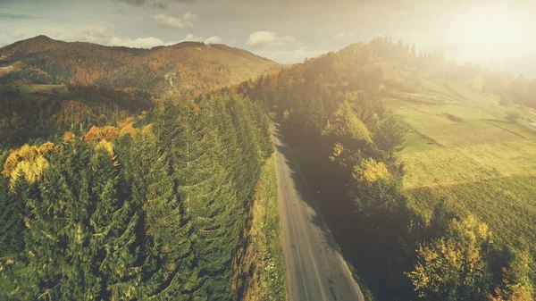 Vista aérea de paisagem de madeira montanhosa multicolorida — Fotografia de Stock
