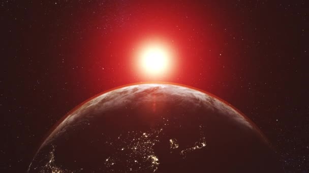 Movimiento gráfico naranja sol flota sobre el planeta Tierra horizonte — Vídeo de stock