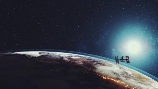 Contemporary Space Station flies over planet with white halo — Stock Footage Contemporary Space Station flies over planet with white halo Stock Footage