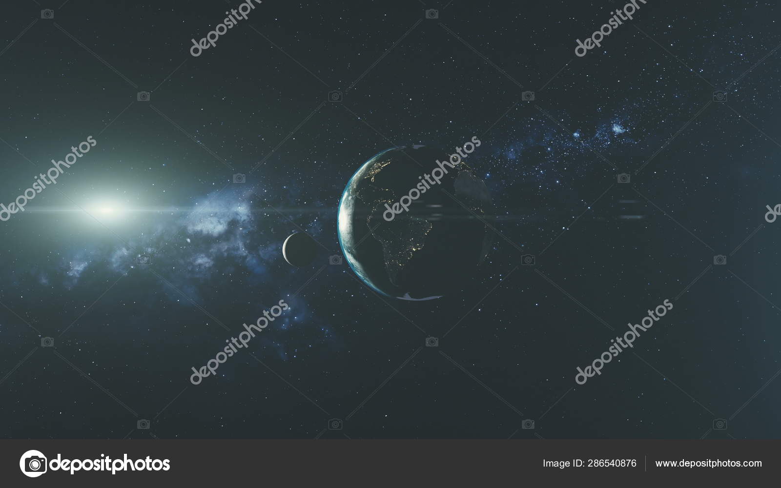 Download - Planet Earth Spin Moon Orbit Space Sun Beam Glow. Star Open Galaxy Constellation Satellite View Radiance Milky Way Light Space Travel Concept 3D Animation — Stock Image Planet earth spin moon orbit space sun beam glow — Stock Photo, Image