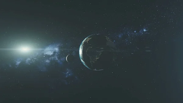 Gezegen dünya spin ay yörüngeuzay güneş ışını kızdırma — Stok fotoğraf