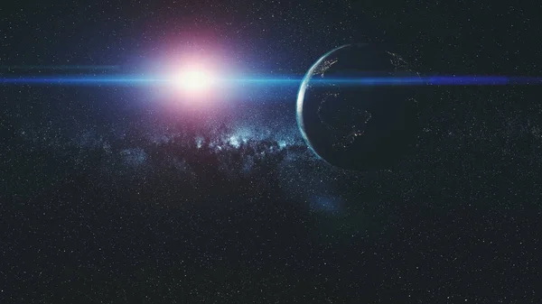 Föld mozgás Hold pályára Star Galaxy Napsugár ragyogás — Stock Fotó