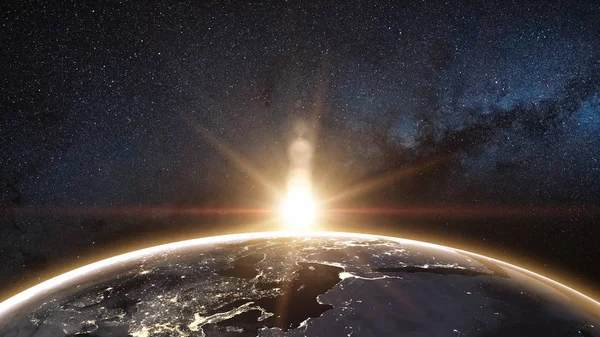 Θέα Ανατολή του ηλίου από το χώρο στον πλανήτη γη — Φωτογραφία Αρχείου