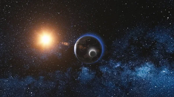 Sunrise view on Rotating Planet Earth and Moon — Stock Image Sunrise view on Rotating Planet Earth and Moon — Stock Photo, Image