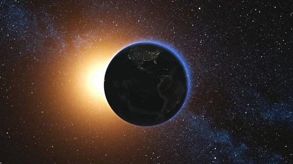 Вид из космоса на планету Земля и вращающуюся звезду Солнца — стоковое фото