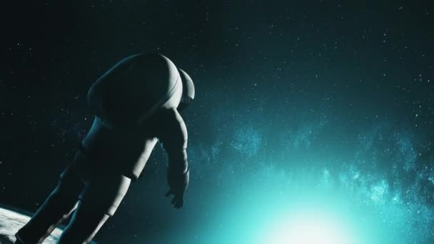 Computador gráfico profissional astronauta voa no espaço sideral — Vídeo de Stock