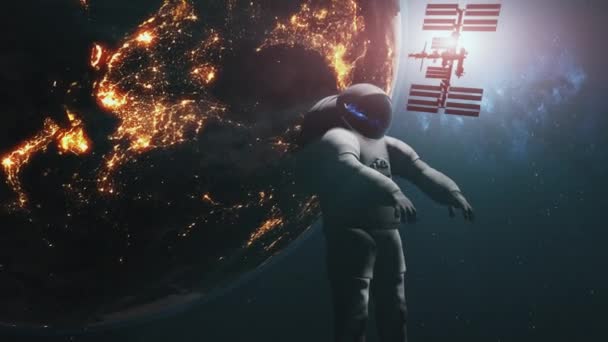 Samanyolu 'na karşı uzayda uzay giysisi astronot — Stok video