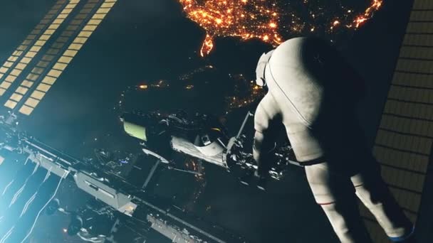 Spaceman leci na International Space Station nad ziemią — Wideo stockowe