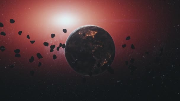 3d animation space rocks against rotating planet Earth — Stock Video