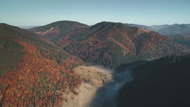 Мальовничі пагорби з зеленими і коричневими лісами, освітлені сонцем — стокове відео