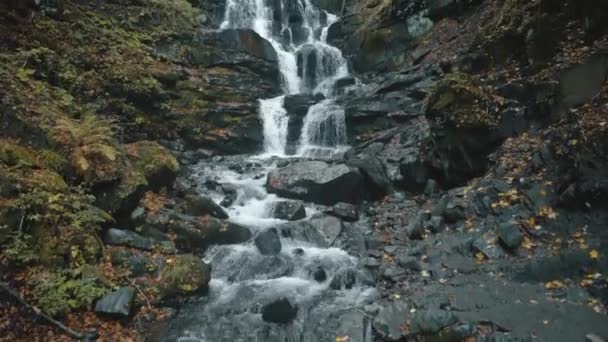 Cascada pictórica fluye sobre grandes rocas grises en otoño — Vídeo de stock