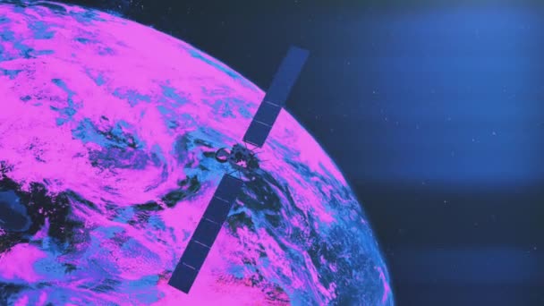 로제타 우주 탐사선과 태양전지 패널이 있는 유색 지구 — 비디오