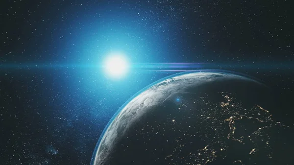 Земля обертається навколо блакитного сонячного випромінювання космосу — стокове фото