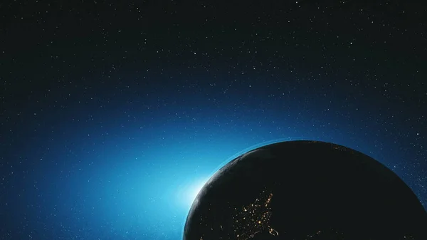 โลกที่น่าตื่นตาตื่นใจหมุนวงโคจรที่มีดวงดาวอวกาศนอก — ภาพถ่ายสต็อก