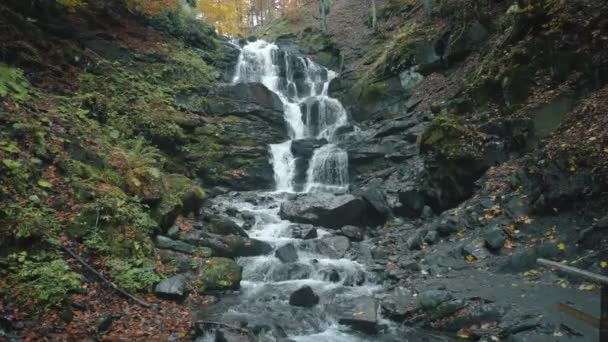 Água cai de grandes rochas cercadas por folhas caídas — Vídeo de Stock