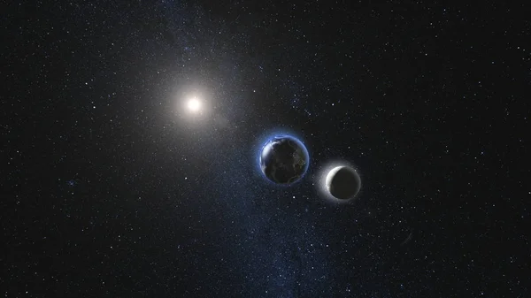 Tierra y Luna girando y acercándose en el espacio abierto — Foto de Stock