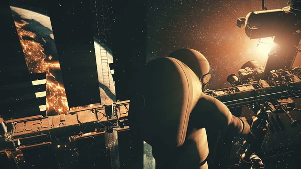 Космонавт вращается вокруг Международной космической станции — стоковое фото