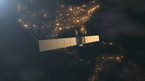 Sonde satellite spatiale moderne avec panneaux solaires — Photo