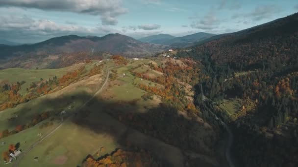 Pintoresco paisaje montañoso con bosques verdes marrones mixtos — Vídeos de Stock