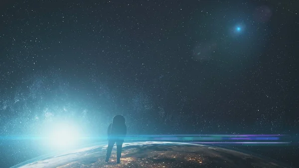 Computer grafico spaziale silhouette vola sopra il pianeta Terra — Foto Stock