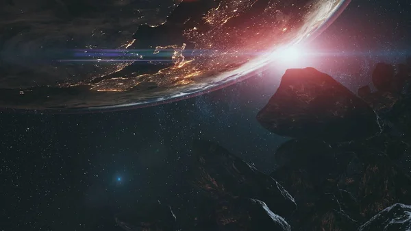 Computer graph black space rocks fly near planet Earth — Stock Image Computer graph black space rocks fly near planet Earth — Stock Photo, Image