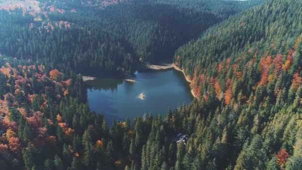 Maravilloso lago de montaña con pequeña isla en medio — Vídeo de stock