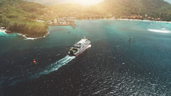 Aerial Drone View: Ferry sailing in harbor — Stock Photo, Image