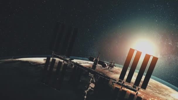 Motion Graph ISS med solpaneler över jord — Stockvideo