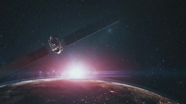 Rosetta space probe with solar panels over Earth — Stock Video