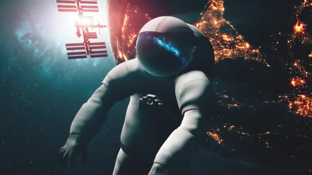 Astronaut in ruimtepak vliegt op Planet Earth — Stockvideo