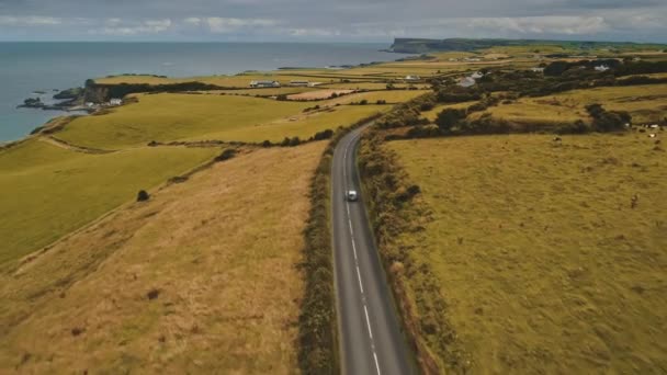 空中秋の道路:車の旅行ビュー。美しい北アイルランドの田舎の自然シーン — ストック動画