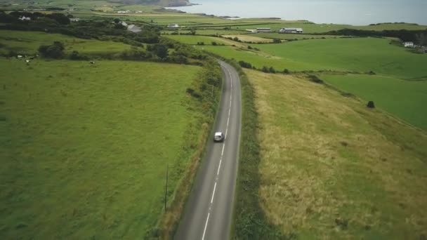 北アイルランドの農村部で緑の牧草地、フィールドや牧草地に沿って車の道路の空撮 — ストック動画