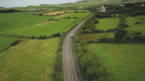 Ír vidéki út légi kilátás: zöld rétek, nyaralók és hegyvidéki tanyák. Festői táj — Stock videók