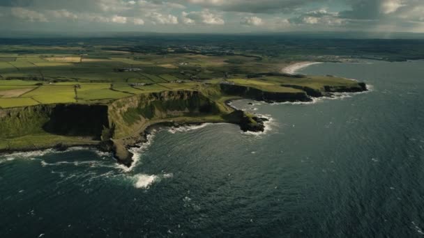 Вид на побережье Ирландской морской бухты с воздуха: осенние зеленые сельскохозяйственные угодья с пастбищами, долинами, полями — стоковое видео
