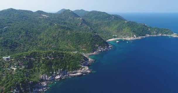 Thailands highland island landscape aerial view: green jungle with coconut palm trees, sand beach — Stock Video