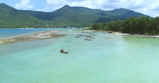 Exotic Island Coastline Landscape Aerial View. Paradise Mountains Scenery Clear Water Bay Lush Wood — Stock Video