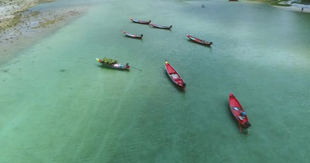 Tropical Lagoon Boat Aerial View. Island Sea Ripples Surface Mountains Chain Covered by Lush Tree — Stock Video