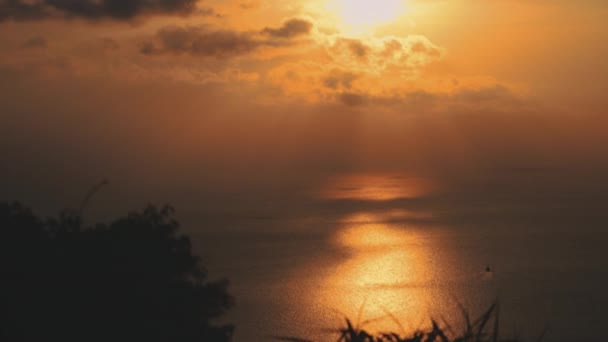 Thailands goldene Sonnenuntergang-Antenne: Silhouetten-Grasblick auf wilde Meereslandschaft mit Sonnenreflexion — Stockvideo