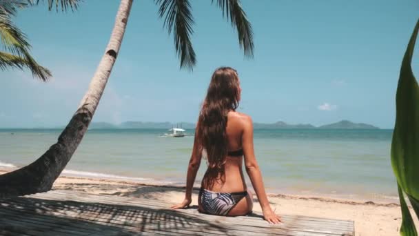 アジア、海沿岸のビーチ:女性はヤシの木のラウンジャーで休んでいます。若いです美しさ女の子オンエキゾチックなリゾート — ストック動画