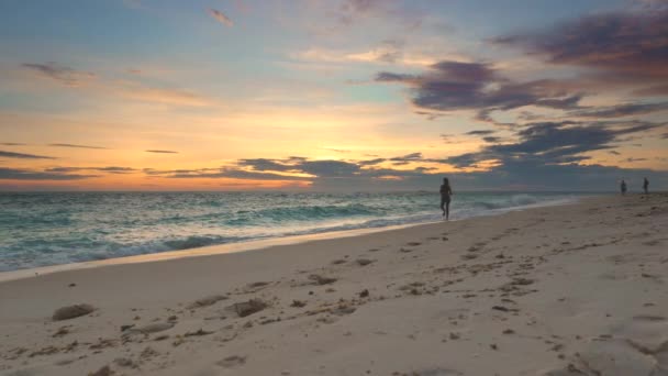 Silhouette apus de soare lent mișcare femeie alerga pe plaja seara. Sport fata sprint la ocean coasta de nisip — Videoclip de stoc