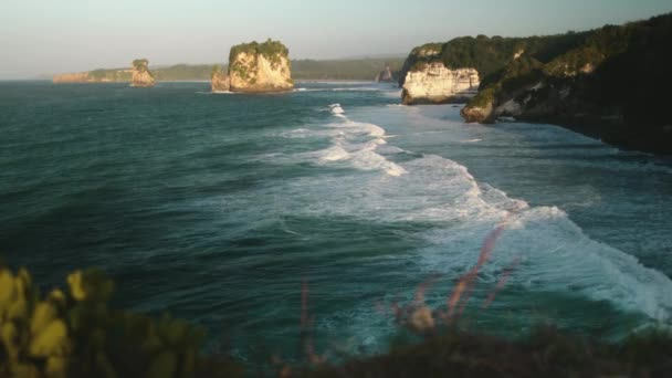 Indonésie, les vagues de l'océan laissent tomber la plage sur la côte rocheuse avec de l'herbe verte. Personne nature sauvage de l'île asiatique — Video