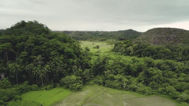 Filippijnen jungle Chocolate Hills luchtfoto uitzicht op Bohol eiland. Groen landschap: bergen, vallei — Stockvideo
