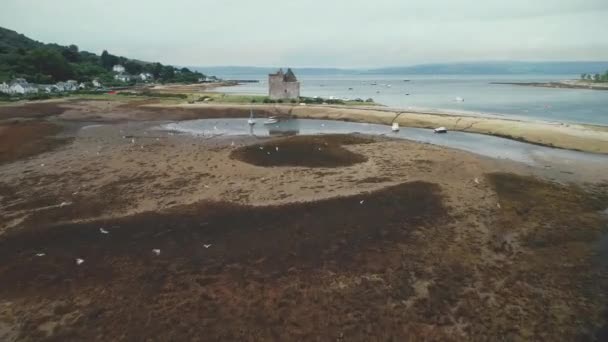 Escócia voando gaivotas vista aérea: oceano ruínas castelo costa no lago à beira-mar. Praia de areia marrom — Vídeo de Stock