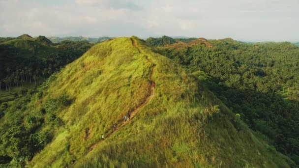 亚洲高山空中:游客在高高的草地上攀登绿色小径,到达山顶.人们爬上山顶 — 图库视频影像